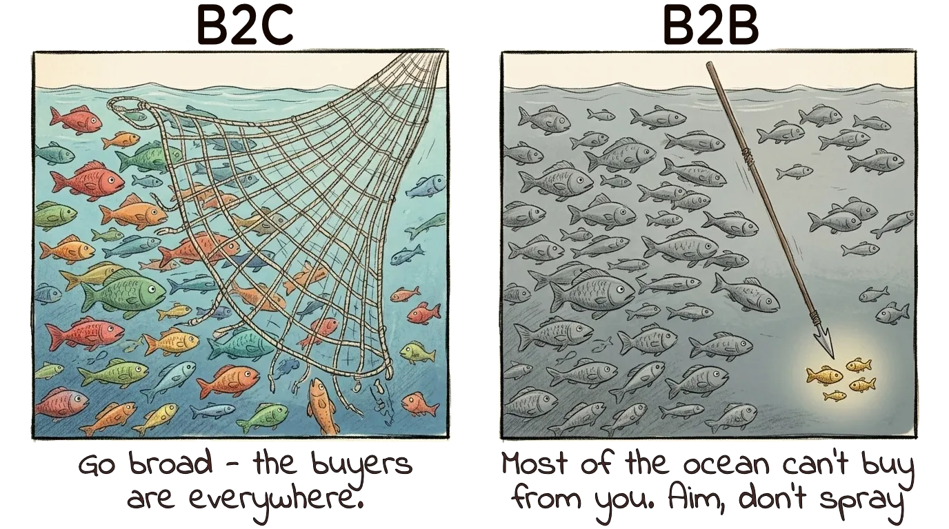 Analogy of broad targeting (net) and narrow targeting (spear)